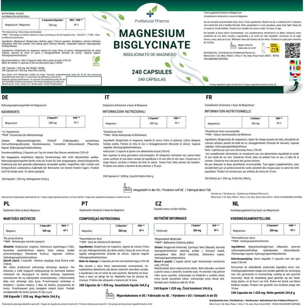 Bisglicinato De Magnesio|300Mg De Magnesio Puro Alta Biodisponibilidad/Día| 240 Cápsulas Veganas | Cansancio Y Fatiga | Funcionamiento Muscular Y Psicológico Normal