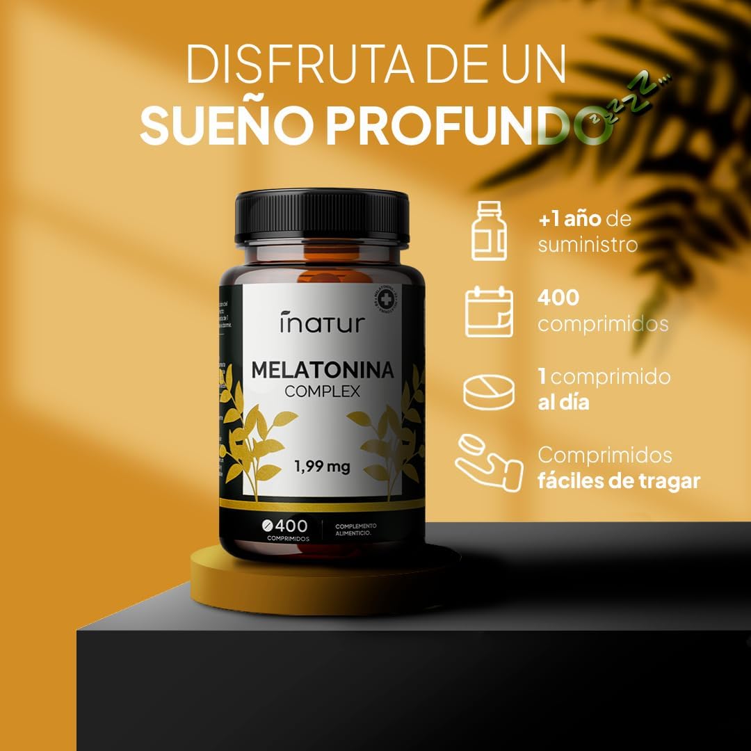 Melatonina Pura 1,9 Mg Complex 400 Comprimidos Con Magnesio Y Pasiflora | + 1 Año De Suministro | Inductor Del Sueño Natural Con Vitamina B6 - Sin Gluten, Apto Veganos